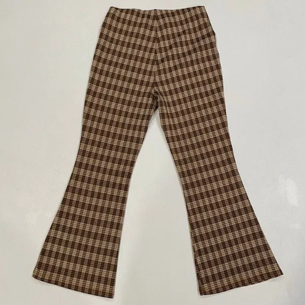Stitch & Pine Brown Plaid Flare Pants Women’s Small Retro Bell Bottom Checkered - Image 2