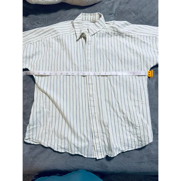 Source Unknown Pin Stripes Cream & Navy Women SZ XS Oversize 100% Cotton Causal‎ Short Sleeve - Image 3