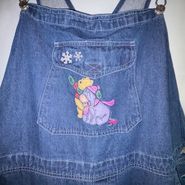 Vintage Disney Winnie the Pooh Eeyore Denim Overalls Blue Snowflake Embroidered - Image 3