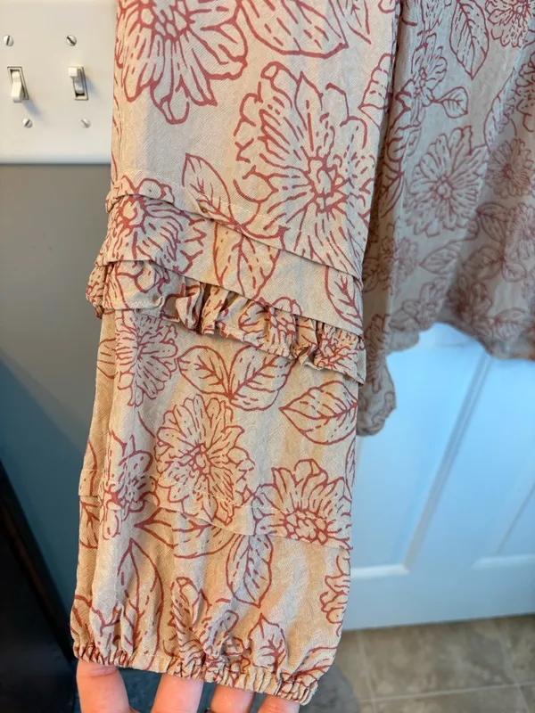 Current Air Floral Tie-Neck Blouse in Tan with Rust Print - Image 2