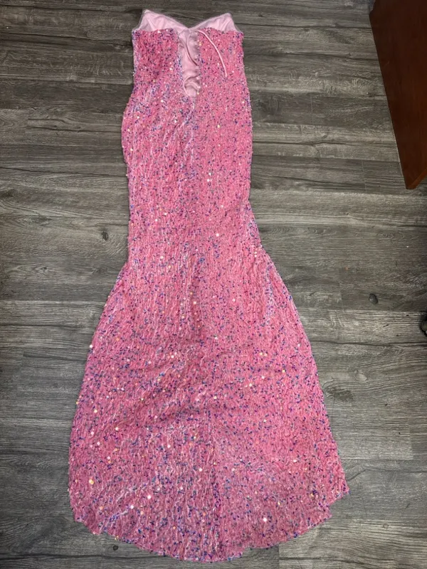 Strapless Pink Sequin Evening Gown with Front Slit Size 4 - Image 4