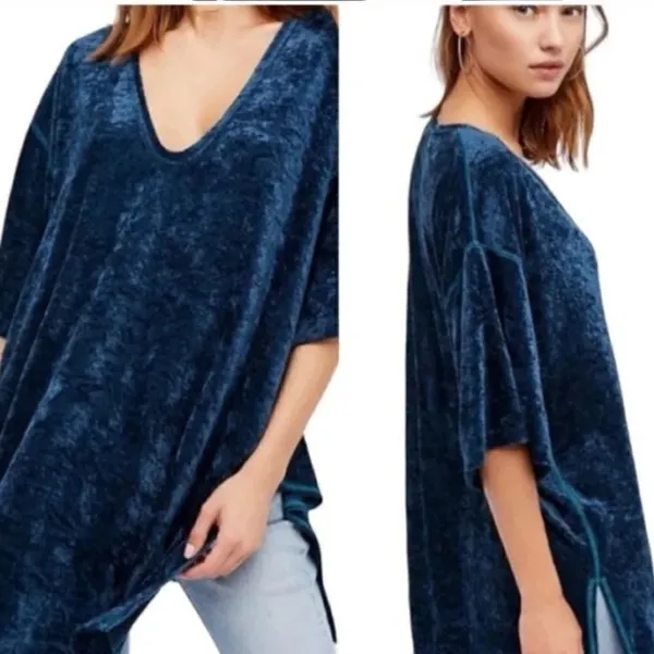 Free People Tunic Dress Womens Teal Crushed Velvet V-Neck High‎ Low XS - Image 3