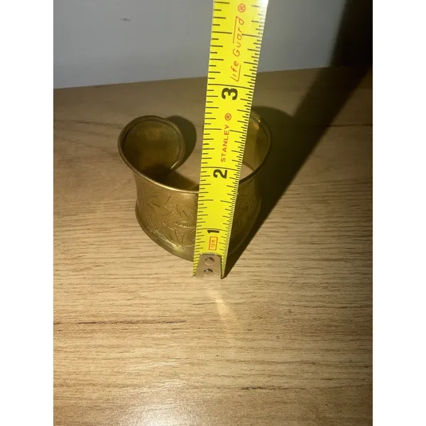 Vintage Hammered Brass Cuff Bracelet Asymmetrical Wide Boho Statement Floral - Image 5