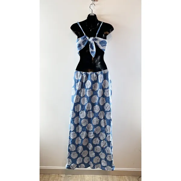 Abercrombie Julia Cutout Tie Back Shell Print Linen Blend Maxi Slip Dress Blue - Image 5