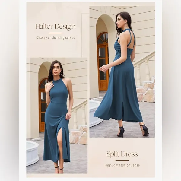 NEW Blue Formal Halter Wedding Cocktail Evening Split Midi Dress XL - Image 2