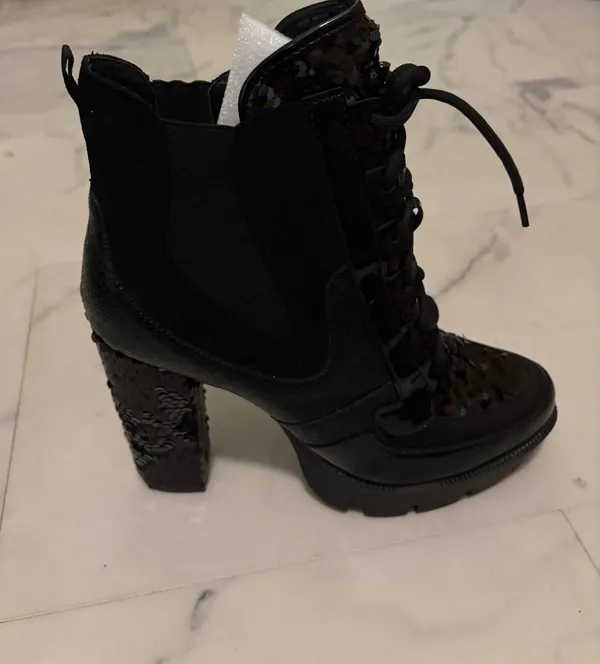 Cape Robbin Black Sequin Lace-Up Ankle Boots - Image 7