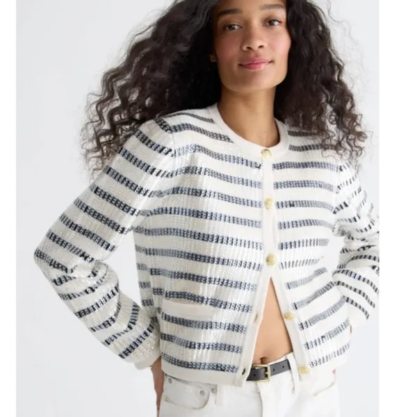 J. CREW Emilie Sweater Lady Jacket In Sequin Stripe Size Medium - Image 2
