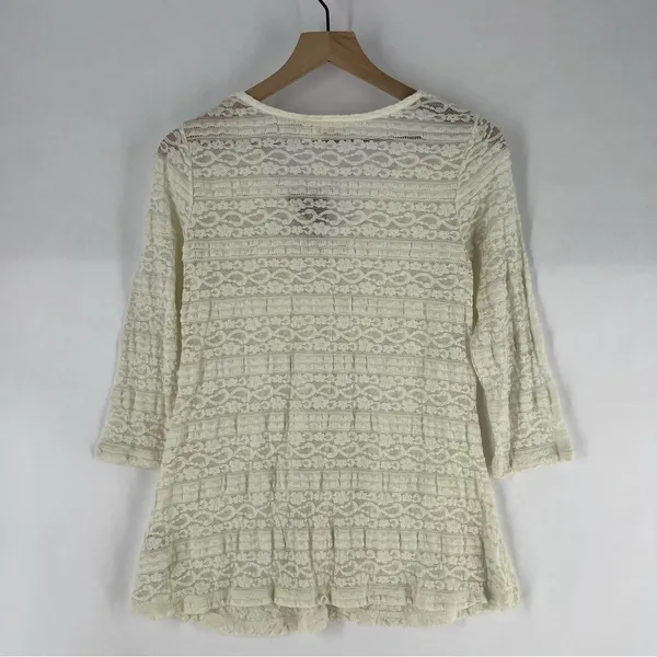 Anthropologie Lilka Ivory Lace Stretch 3/4 Sleeve Swing Top Lightweight Sheer‎ - Image 9
