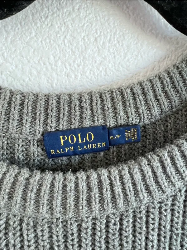 Polo Ralph Lauren Grey Boxy Ribbed Cropped Cotton Pullover Sweater Fisherman - Image 2