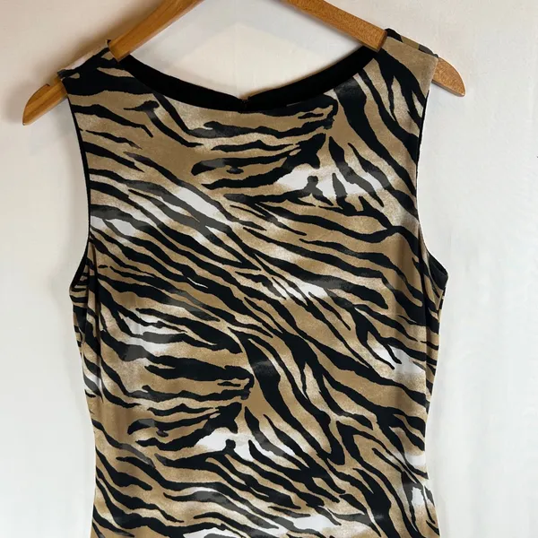 Cache‎ Vintage Womens Tiger Floral Print Midi Dress Brown Pink Sleeveless Size M - Image 6