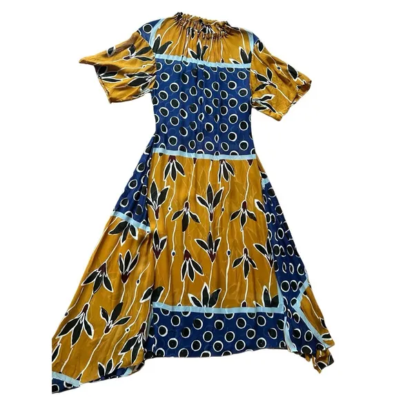 ZARA Navy Mustard White‎ Floral Sheer Tie Waist Midi Dress Sz XS - Image 4