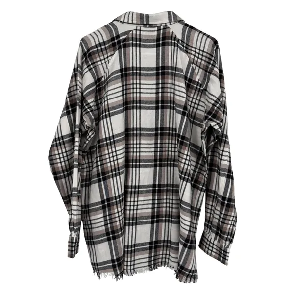 BKE Boyfriend Plaid Flannel Shirt Cream Chocolate Black Frayed Hem Large‎ NWT - Image 5