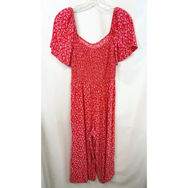 Luxology Large Jumpsuit Red Floral Wide‎ Leg Smocked Cottagecore Feminine 1200 - Image 2