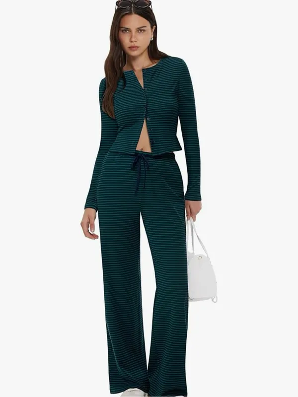 Women's Striped Two-Piece Lounge Set - Dark Teal - Image 2