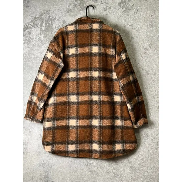 BlankNYC Evereve Wanderer Plaid Cocoon Coat Brown Oversized Shacket Large New - Image 4