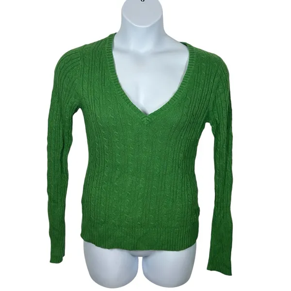 Vintage American Eagle Kelly Green Cable Knit V-Neck Sweater Large Y2K - Image 2