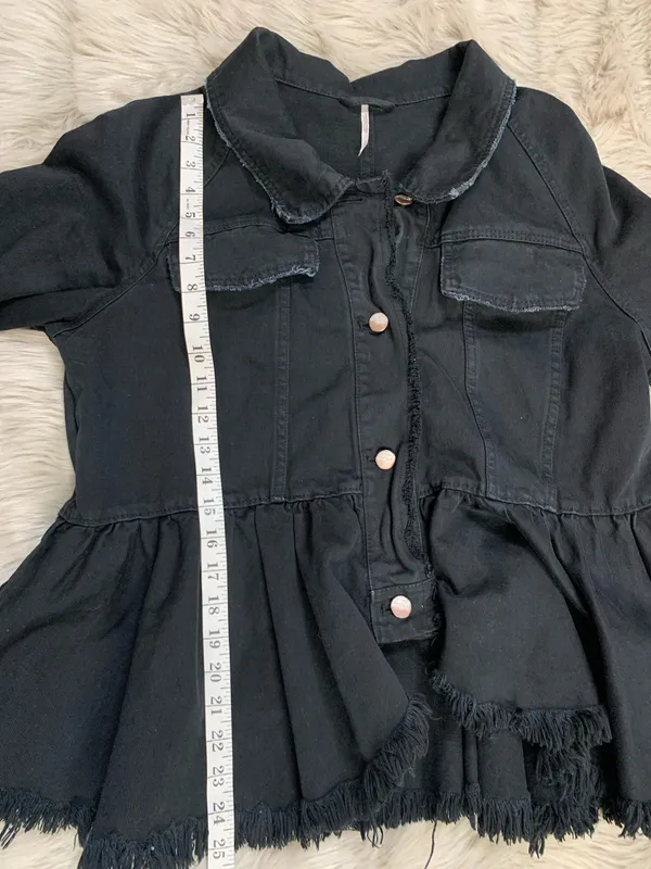 Free People Willow Black Denim Jacket Peplum Raw Hem Lace Up Cuff Military Medium - Image 7