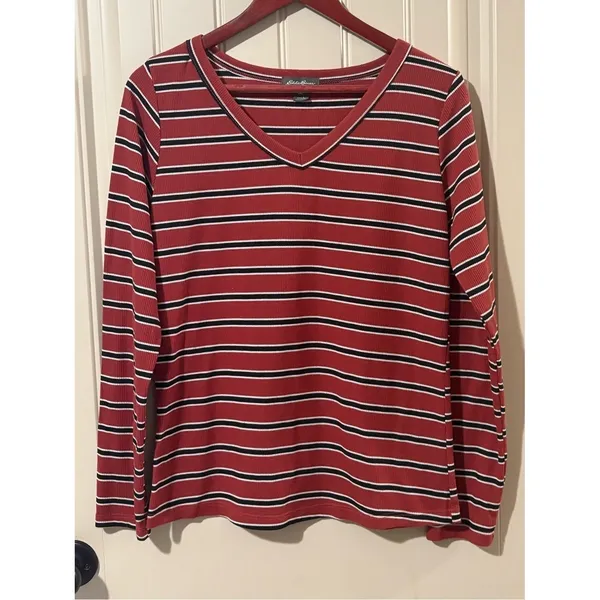 Eddie Bauer Rust/Black/Cream Striped Long Sleeve V-neck Shirt - Image 2