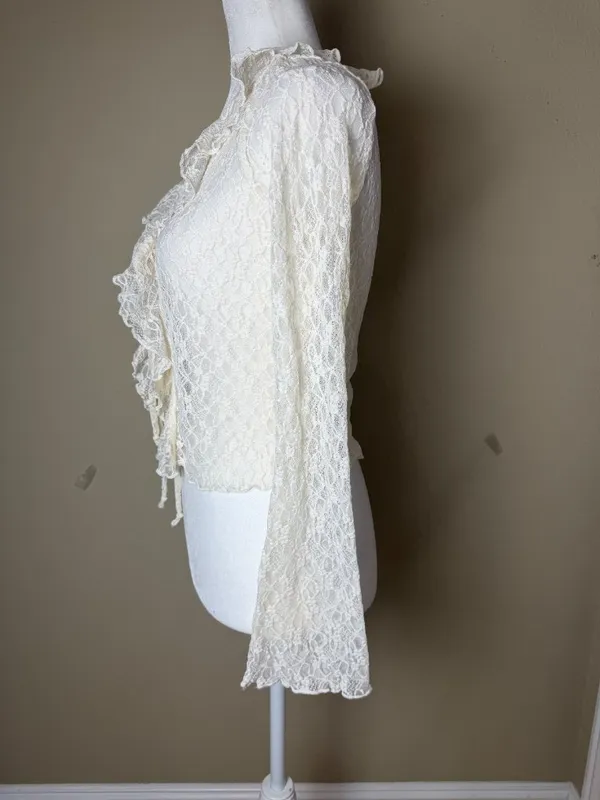 Thirty/Thirty LA Sheer Cream Lace Tie Front Ruffle Top Size XS - Image 3