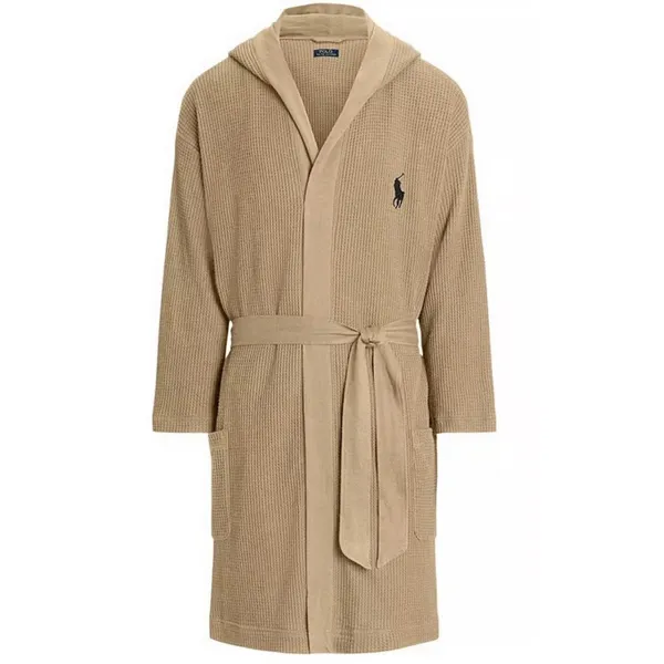 Polo Ralph Lauren Men's‎ Hooded Thermal Robe Waffle Knit Beltes Pockets L XL Tan - Image 7