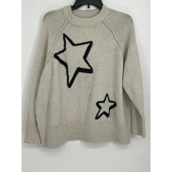 Aerie Star Oversized Sweater Women L/XL Oatmeal Heather Black Star‎ Cozycore - Image 2