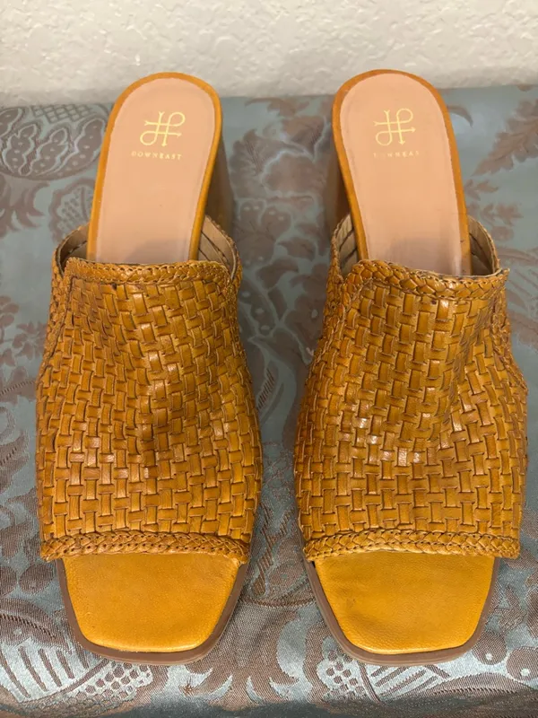 Downeast Natural Tan Leather Woven Open Toe Heeled Mule Size 10 - Image 2