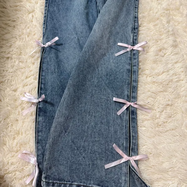 Rise Supply Co Bow Jeans Size 0 Wide Leg Pink Ribbon Side Slit - Image 3