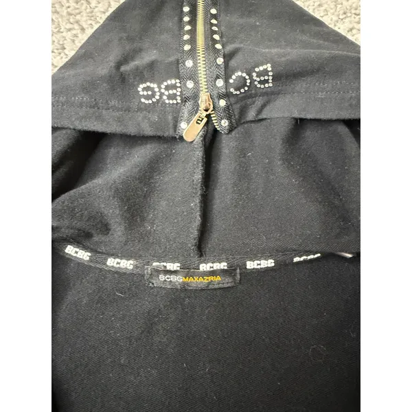 BCBG Max Azria Black Rhinestone Tracksuit Set Hoodie Flare Pants Y2K Women L - Image 4
