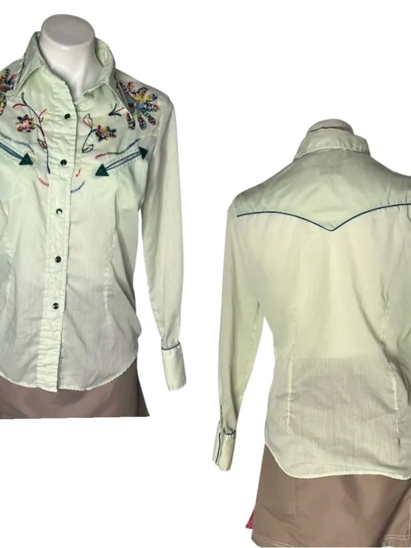 H BAR C Ranchwear California Western Shirt Green Embroidered Vintage 1970’s - Image 8