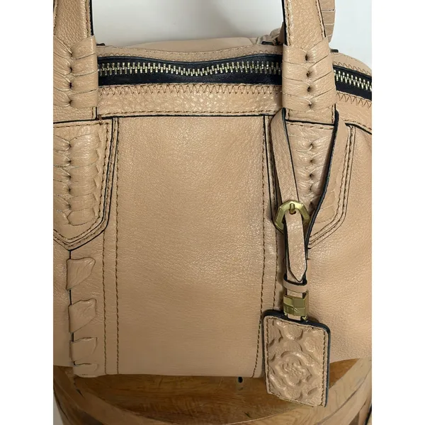 Oryany Tan Leather Whipstitch Satchel Crossbody Handbag Gold Hardware - Image 7