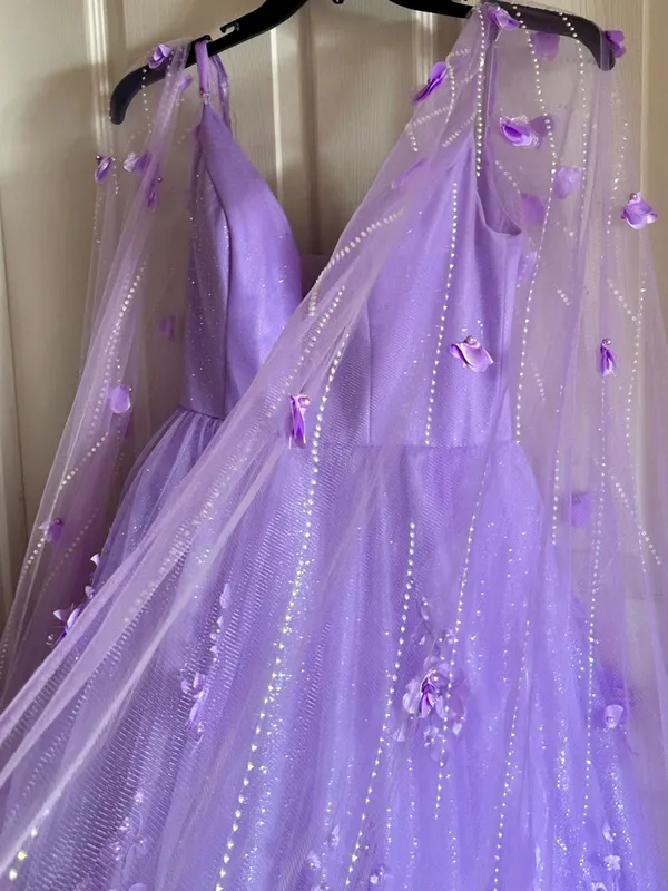Ellie Wilde Lilac Embroidered Lace‎ Organza Sparkly Prom Dress w/Cape Sleeves 6 - Image 8
