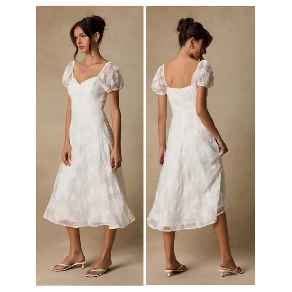 Lulus Sweetest Behavior White Embroidered Puff Sleeve Midi Dress Size Medium - Image 2