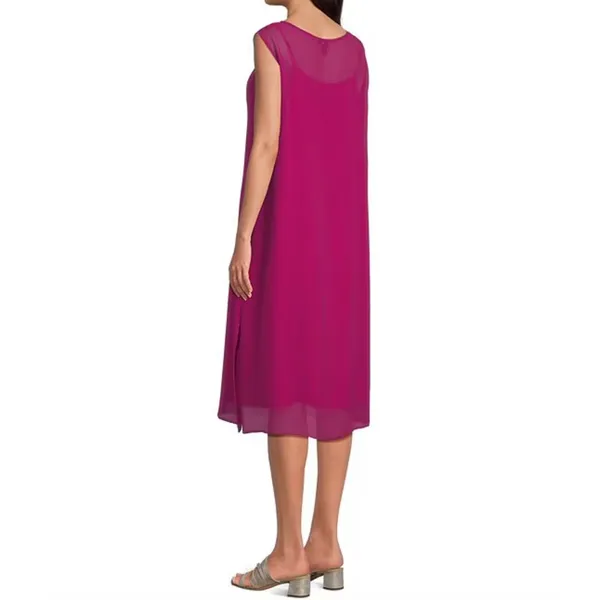 Eileen Fisher Sheer Silk Georgette Boat Neck Sleeveless Midi Dress Sangria L NWT - Image 4