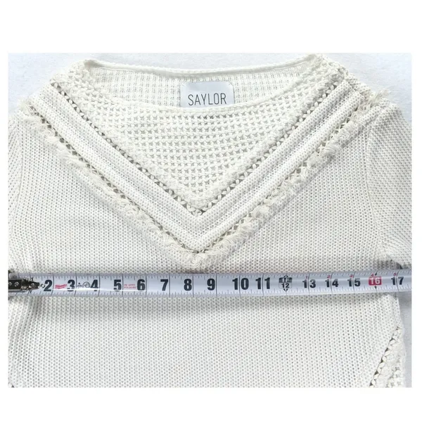 Saylor White Knit Boat Neck Sweater V-Panel Eyelet Fringe Detail Small - Image 5