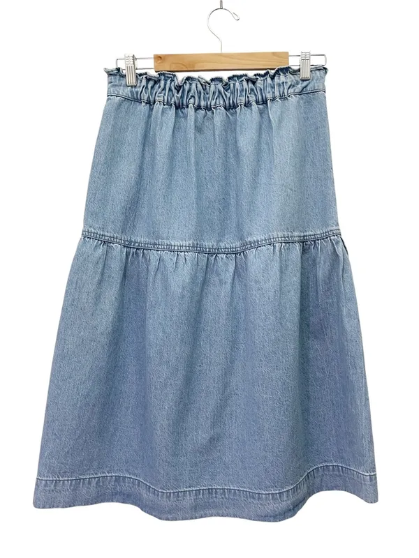 Madewell Pull On Denim Midi Skirt Size XS Normandie Wash Ruffle Waist Pockets - Image 3