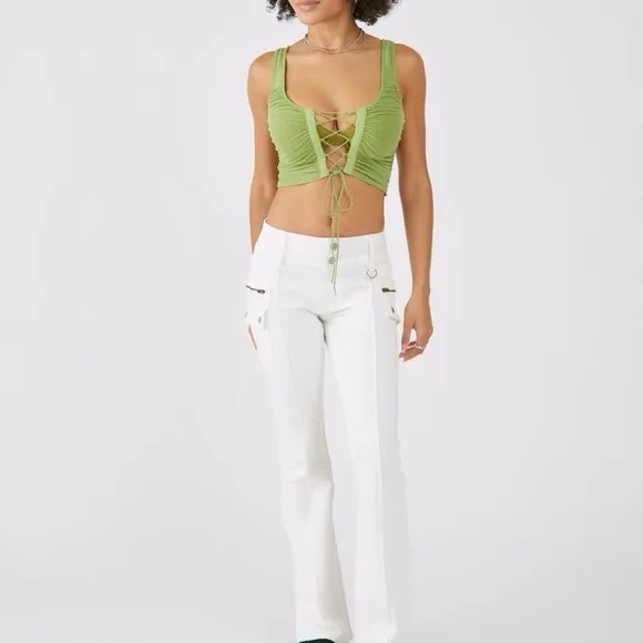 Urban Outfitters NWT Ruched Lace Up Cropped Sheer Tank Top Women’s Medium Green - Image 3