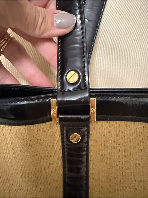Tory Burch Tan Canvas Tote with Black Patent Leather Trim - Image 2