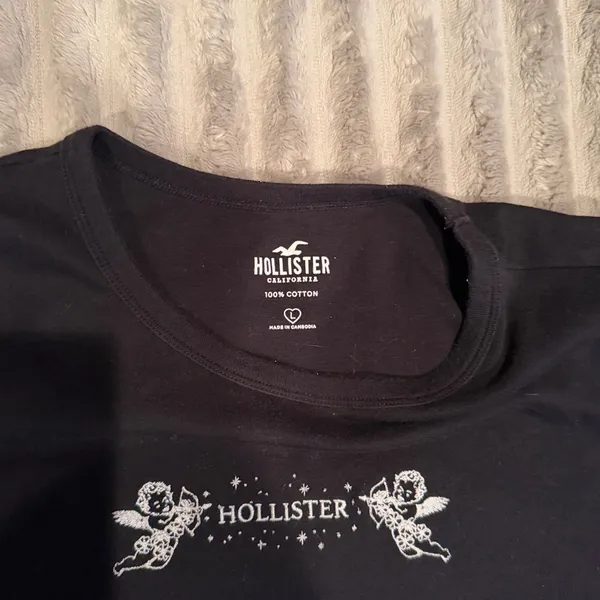 Hollister Womens Black Cherub Angel Graphic‎ Tee Cotton Short Sleeve Shirt L - Image 4
