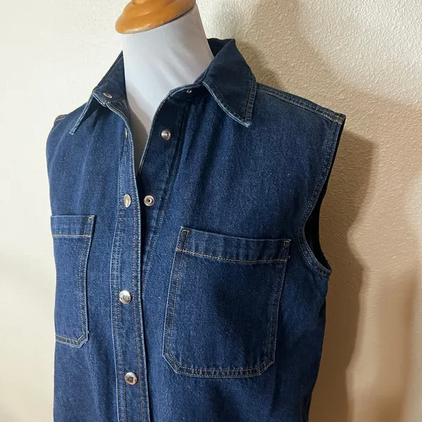 Frame The Sleeveless Denim Mini Shirtdress Shirt Dress in Fault Dark Blue NEW XS - Image 4