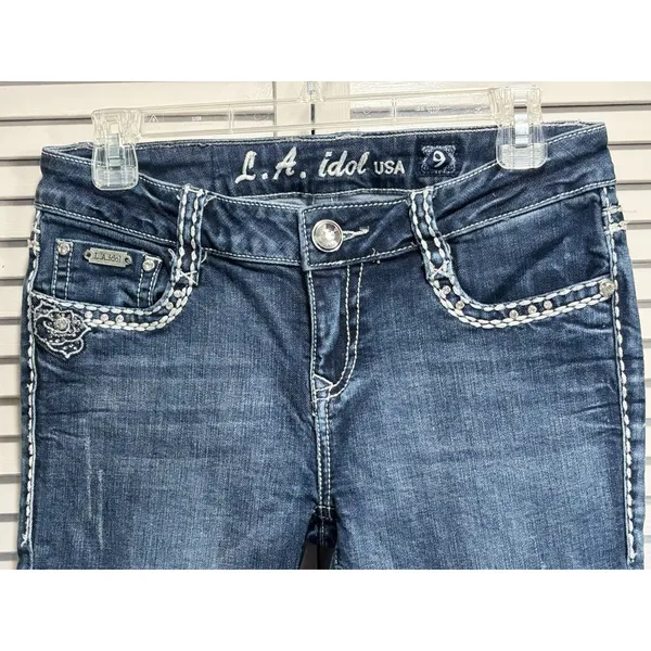 L.A Idol Denim Jeans Size 9 Skinny Gems Stitching Roses Low Rise Zip - Image 2