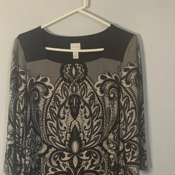 Chico's Black and Cream Long Sleeve Dress - Image 2