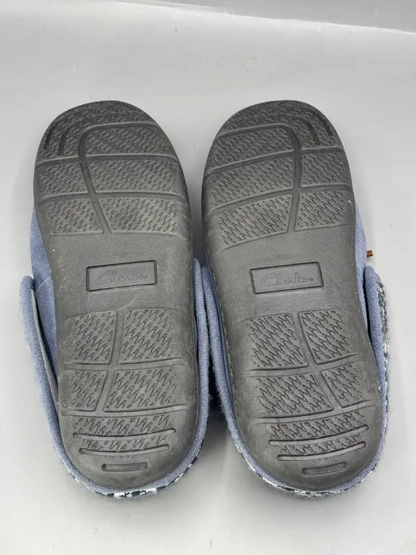 Clarks Moccasin Slippers Women 11 Blue Leather Faux Fur Lining Bow Detail LB0850 - Image 7