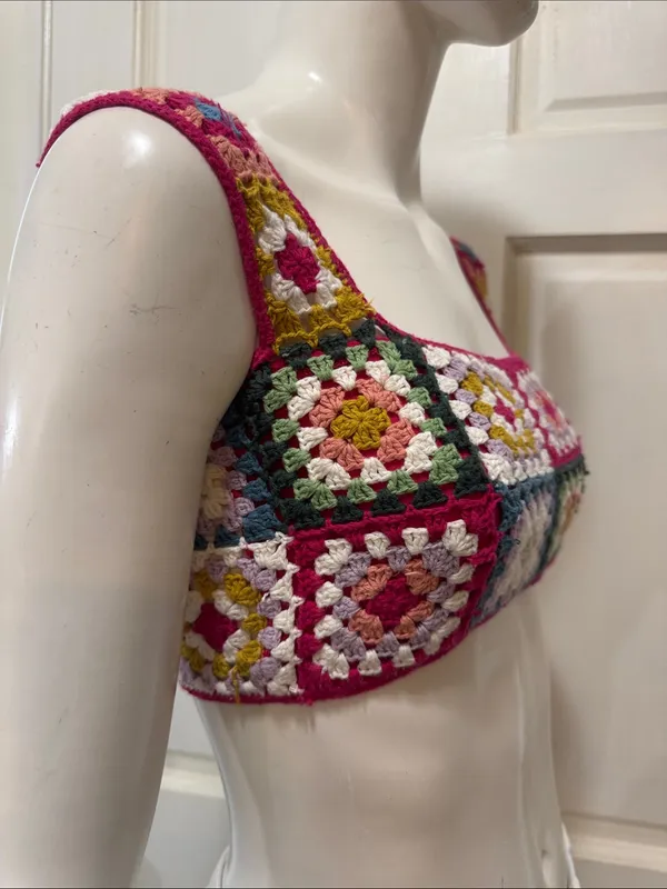 Farm Rio Anthropologie Crochet Cropped Granny Square Pullover Top Shirt XS - Image 7
