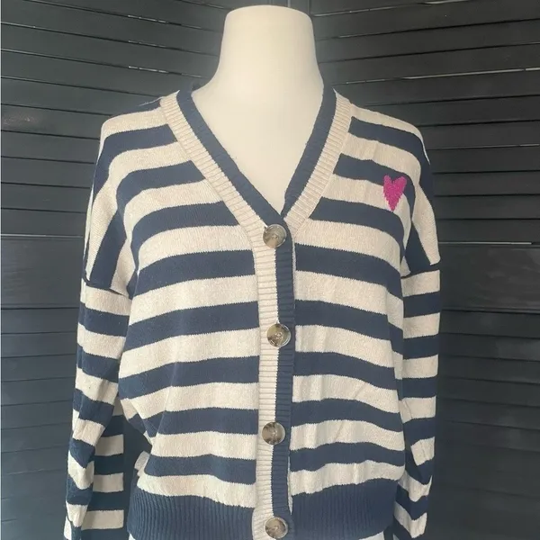 LOFT‎ Navy and Cream Striped Cardigan - Image 3