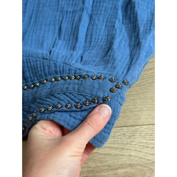 Free People Beaded Crinkle Gauze Top Blue Button Down Western Long Sleeve Size M - Image 8