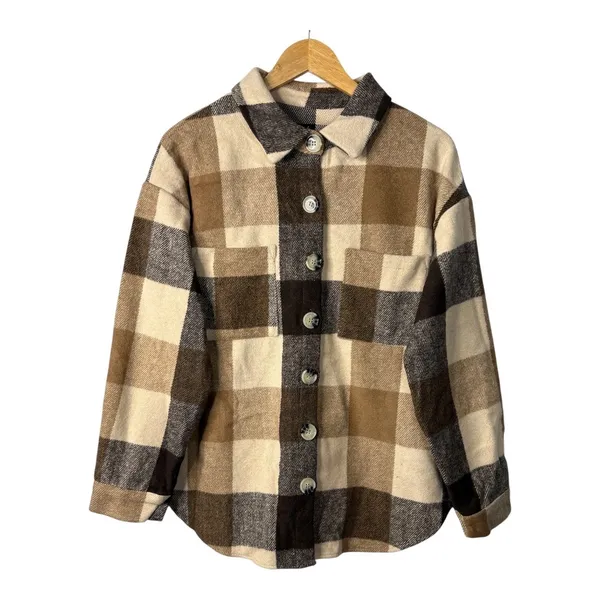 Plaid Shacket Women Large Brown Checkered Button Up Oversized Flannel Cozy Cabin - Image 2