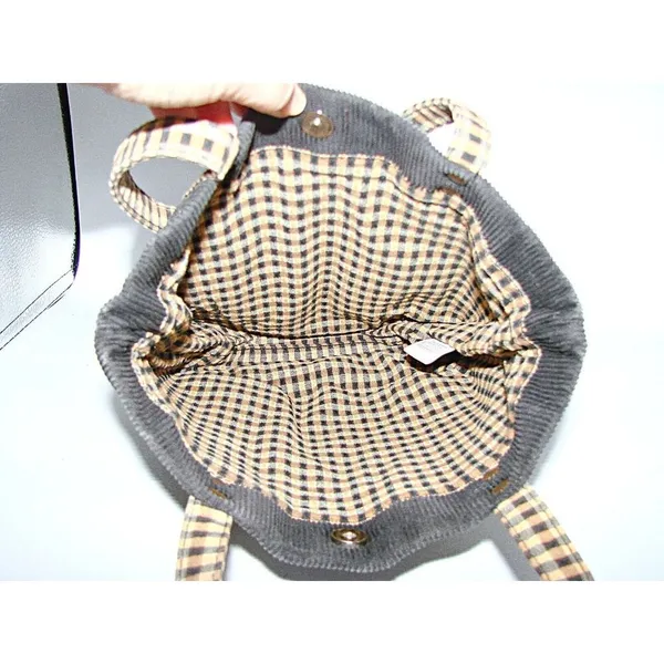 Longaberger Corduroy Plaid Tote Bag Purse Black Tan Khaki Check Homestead 9.5x10 - Image 3