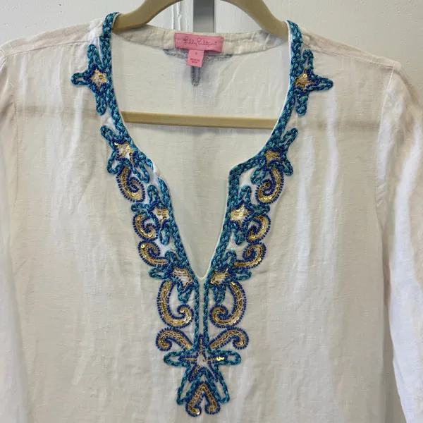 Lilly Pulitzer Amelia Island Tunic White Embroidered Beaded Sequin Small Boho‎ - Image 6