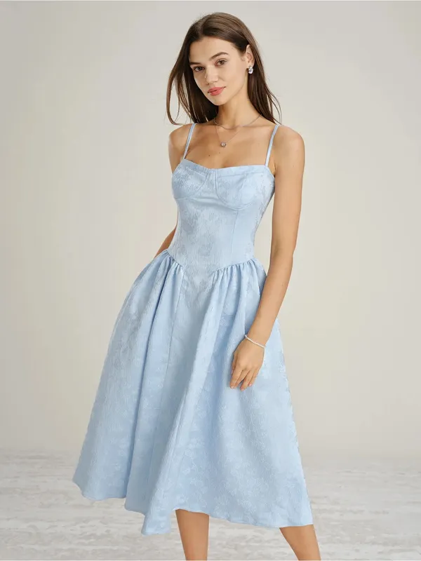 Rihoas Blue Jacquard Pockets Slip Midi Dress - Image 4