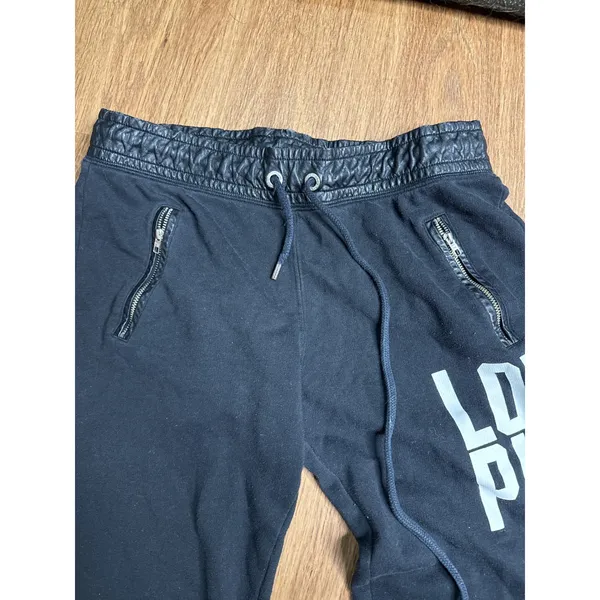 PINK Victoria's Secret Black‎ Joggers Faux Leather Trim Love Pink Graphic Small - Image 4